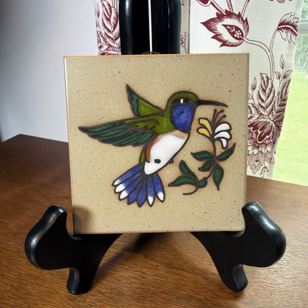 Vintage Hand Painted Hummingbird Terracotta Stone Tile by Cleo Teissedre